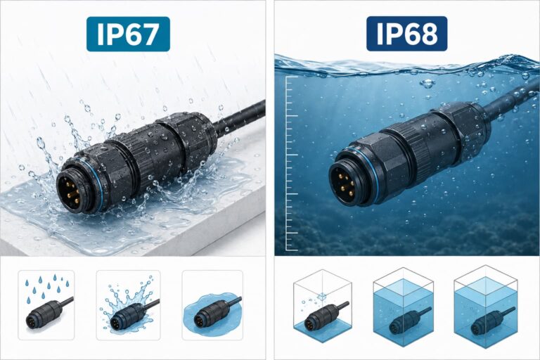 Conectores resistentes al agua IP67 frente a IP68 para equipos de exterior