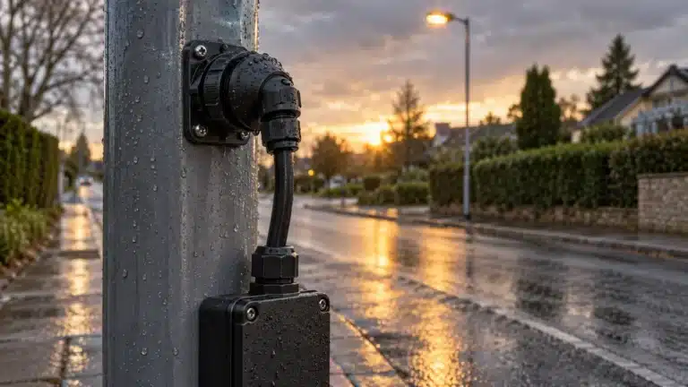 Waterproof DC connector installed on an outdoor lighting pole