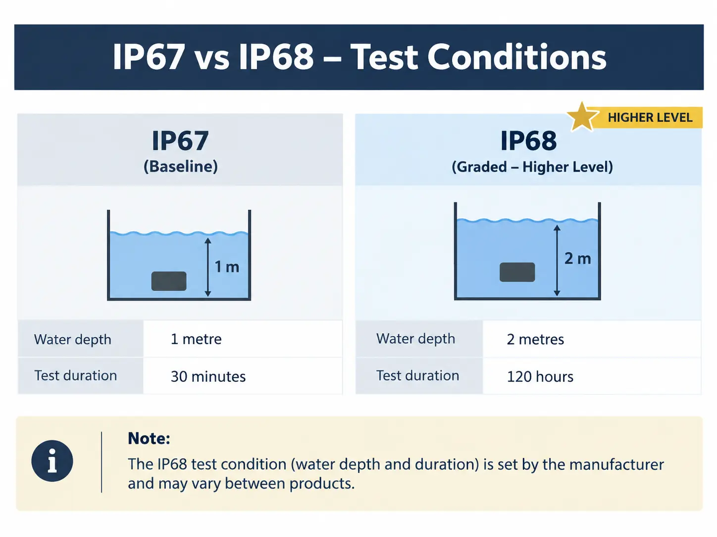 IP68 test condition comparison: 2 m for 120 hours against the IP67 baseline of 1 m for 30 minutes