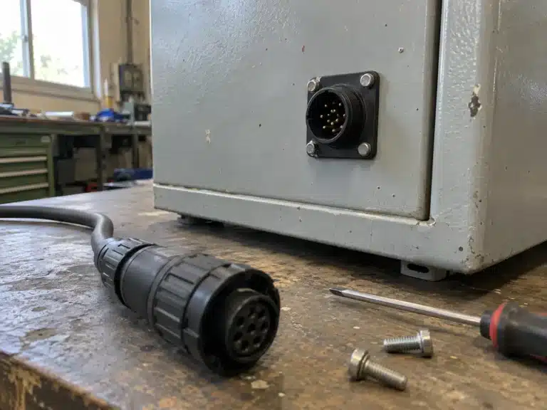 Waterproof bulkhead connector fitted through an enclosure panel with the mating plug beside it...