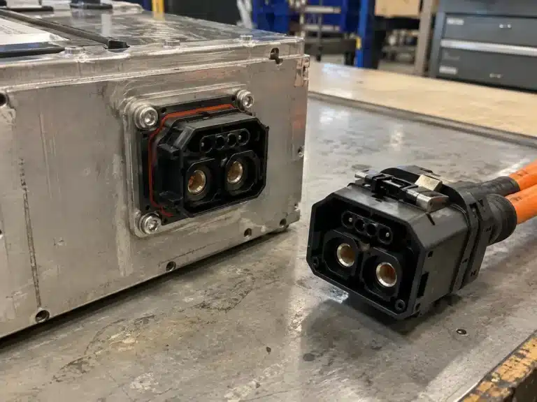 Stackable battery connector with floating contacts mounted through a battery module wall, mating half beside it