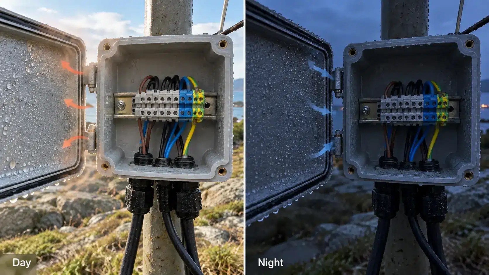 Pressure cycle inside a sealed junction box: daytime air escape and nighttime humid air intake