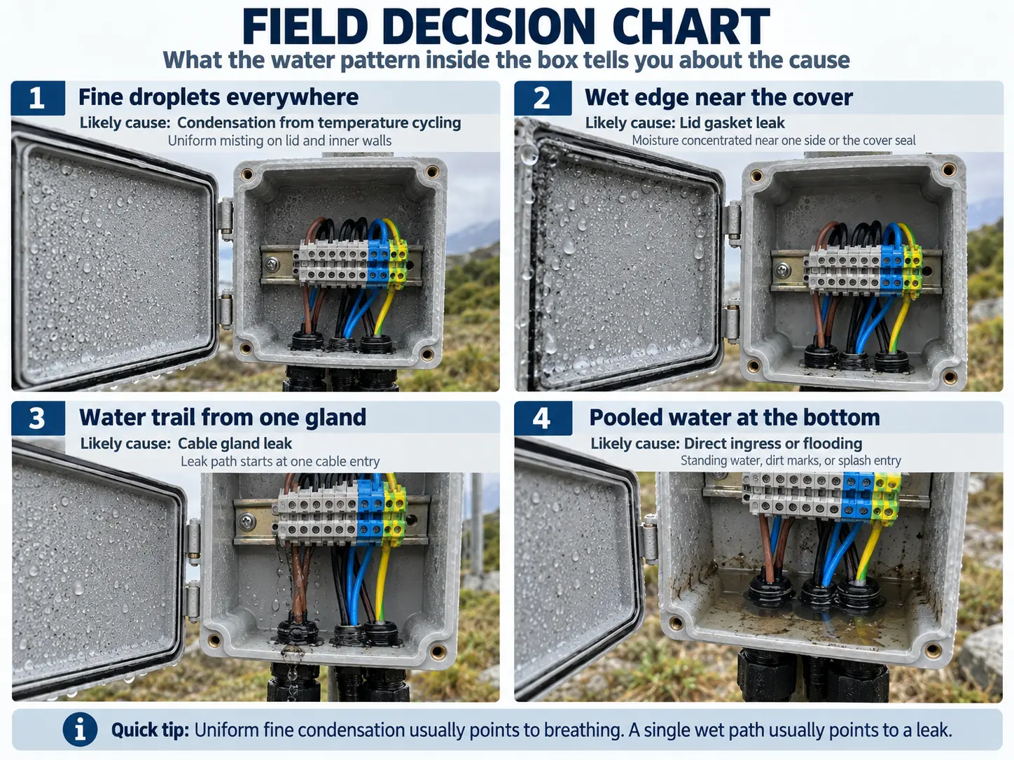 Field decision chart for telling junction box condensation apart from a water leak