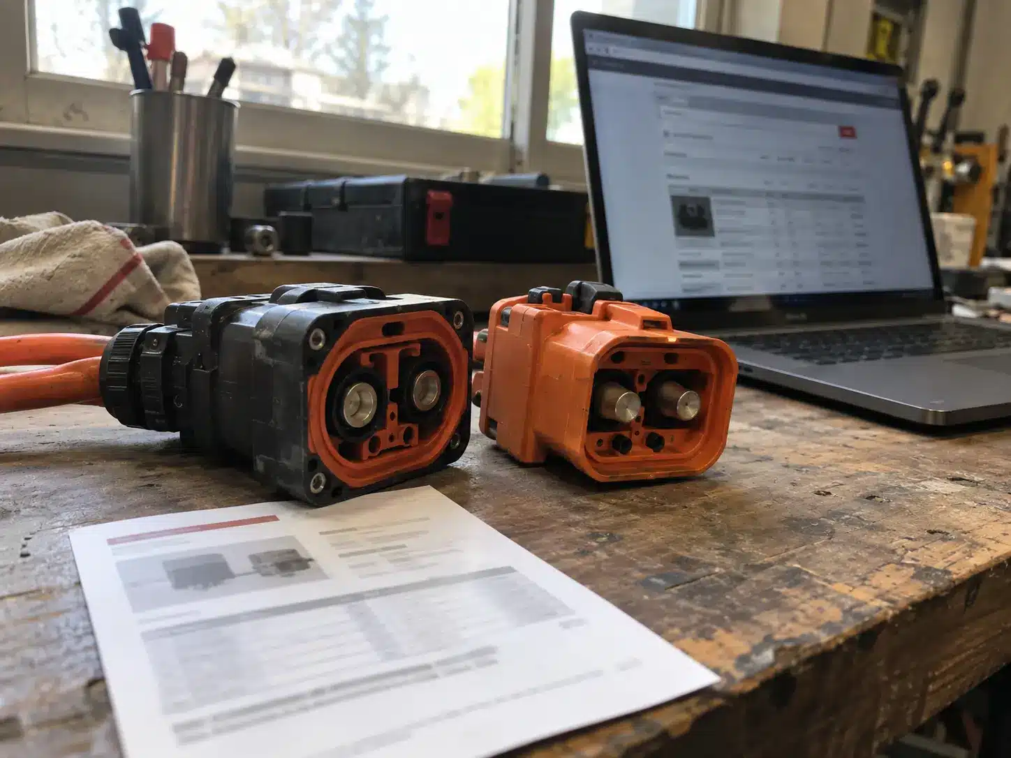 Certificats UL 1977 et UL 4128 des connecteurs vérifiés à côté d'une paire de connecteurs BESS sur un établi d'atelier