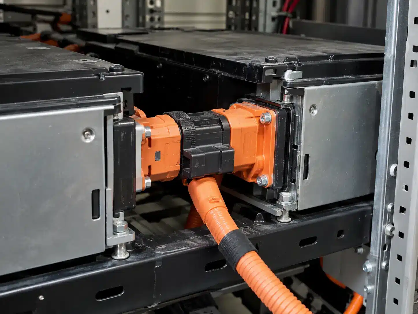 Connecteur intercellulaire entre deux modules de batterie dans un rack, connecteur de câble enclenché dans son emplacement correspondant