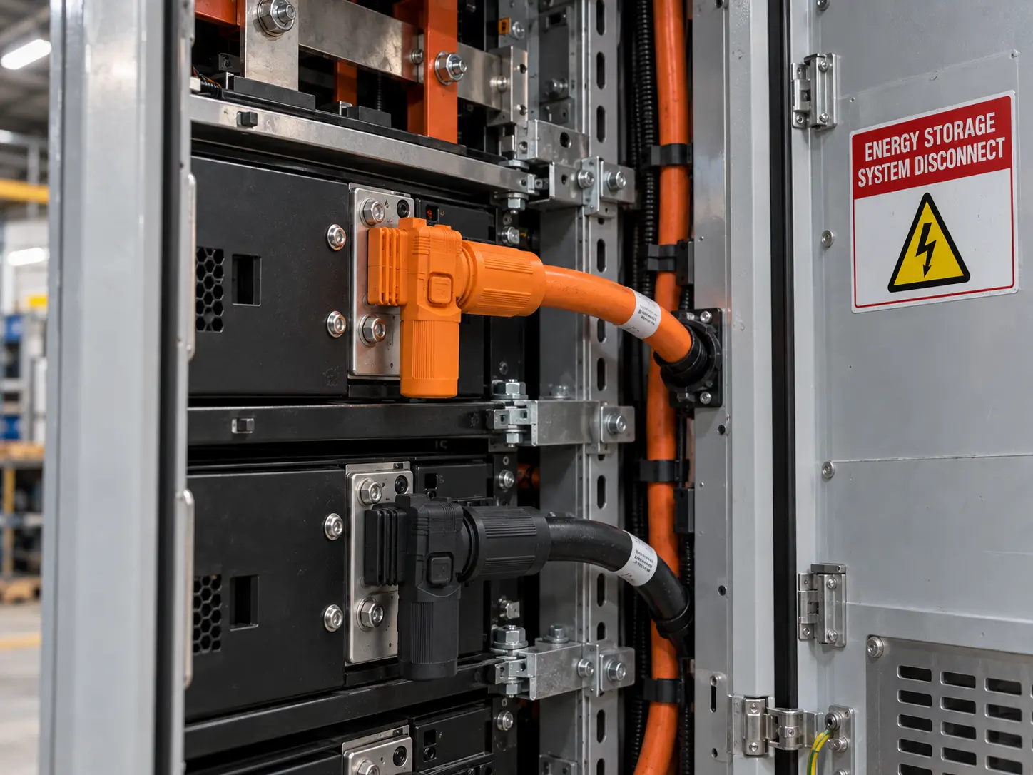 Déconnecteur de l'armoire de stockage d'énergie étiqueté pour un système de stockage d'énergie (ESS) avant tout débranchement des connecteurs