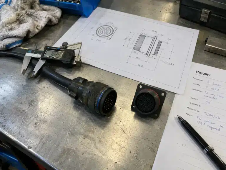 Documents relatifs à une demande de devis pour des connecteurs RF sur un établi : échantillon, demi-connecteur correspondant, plan et pied à coulisse posé sur la gaine du câble