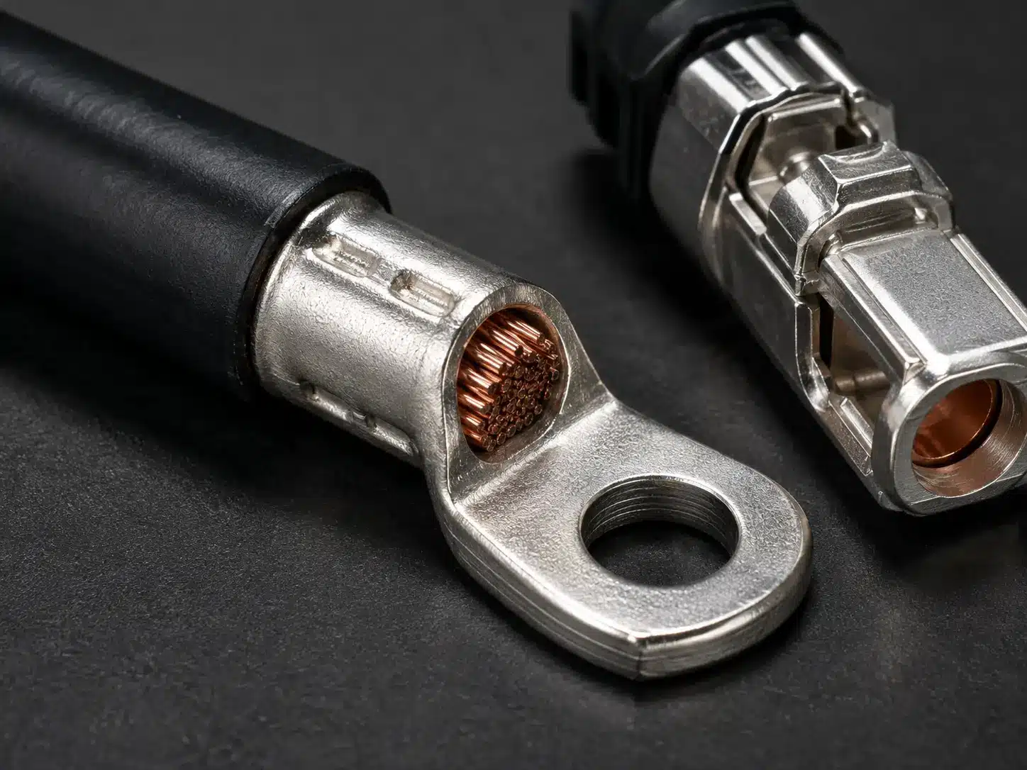 Crimped cable lug and high-current connector contact close-up