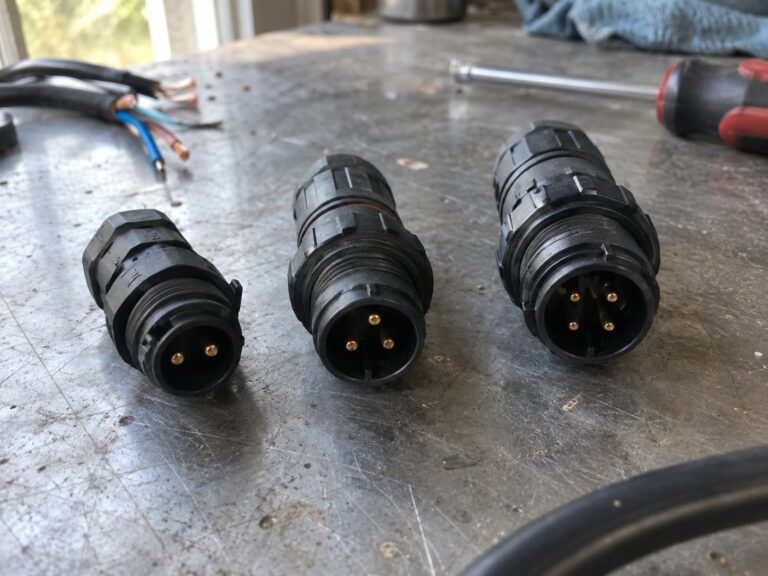 2 pin vs 3 pin vs 4 pin waterproof connectors side by side, showing how waterproof connector pin count changes the housing