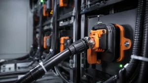 High-current BESS connector and cable on a battery rack
