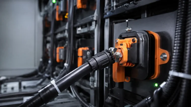 High-current BESS connector and cable on a battery rack