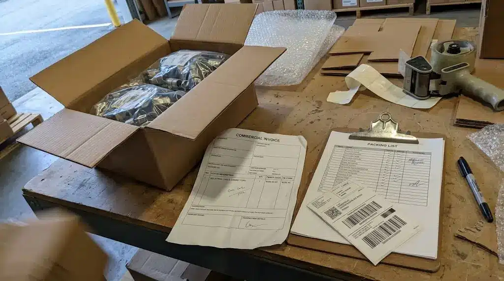 Facture commerciale comportant la description des marchandises et le code tarifaire, placée à côté d'un carton contenant des connecteurs