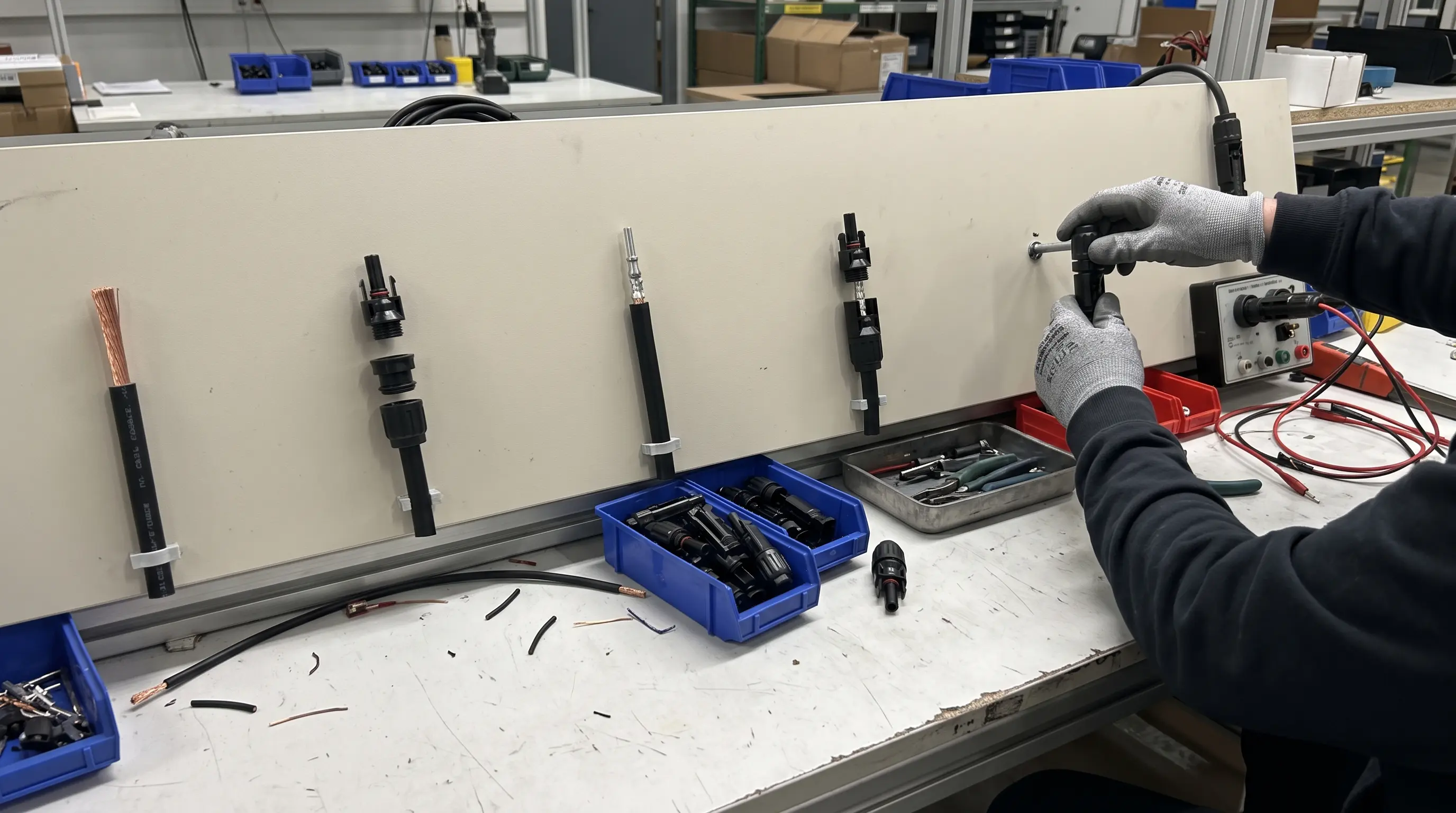 Les six étapes de l'assemblage d'un connecteur de câble solaire, du dénudage du câble aux essais électriques