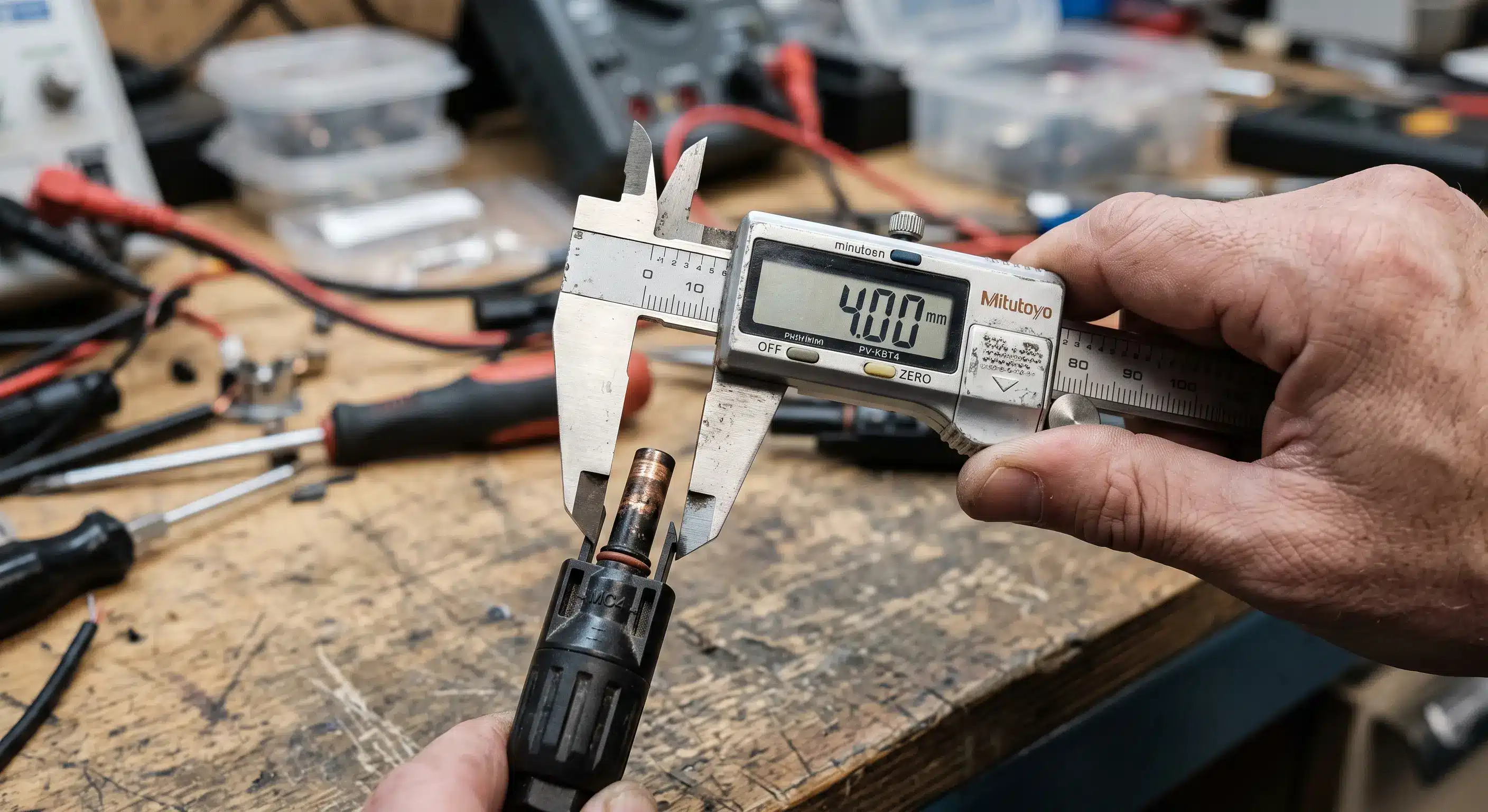 Pied à coulisse numérique servant à mesurer la broche de contact de 4 mm d'un connecteur photovoltaïque solaire