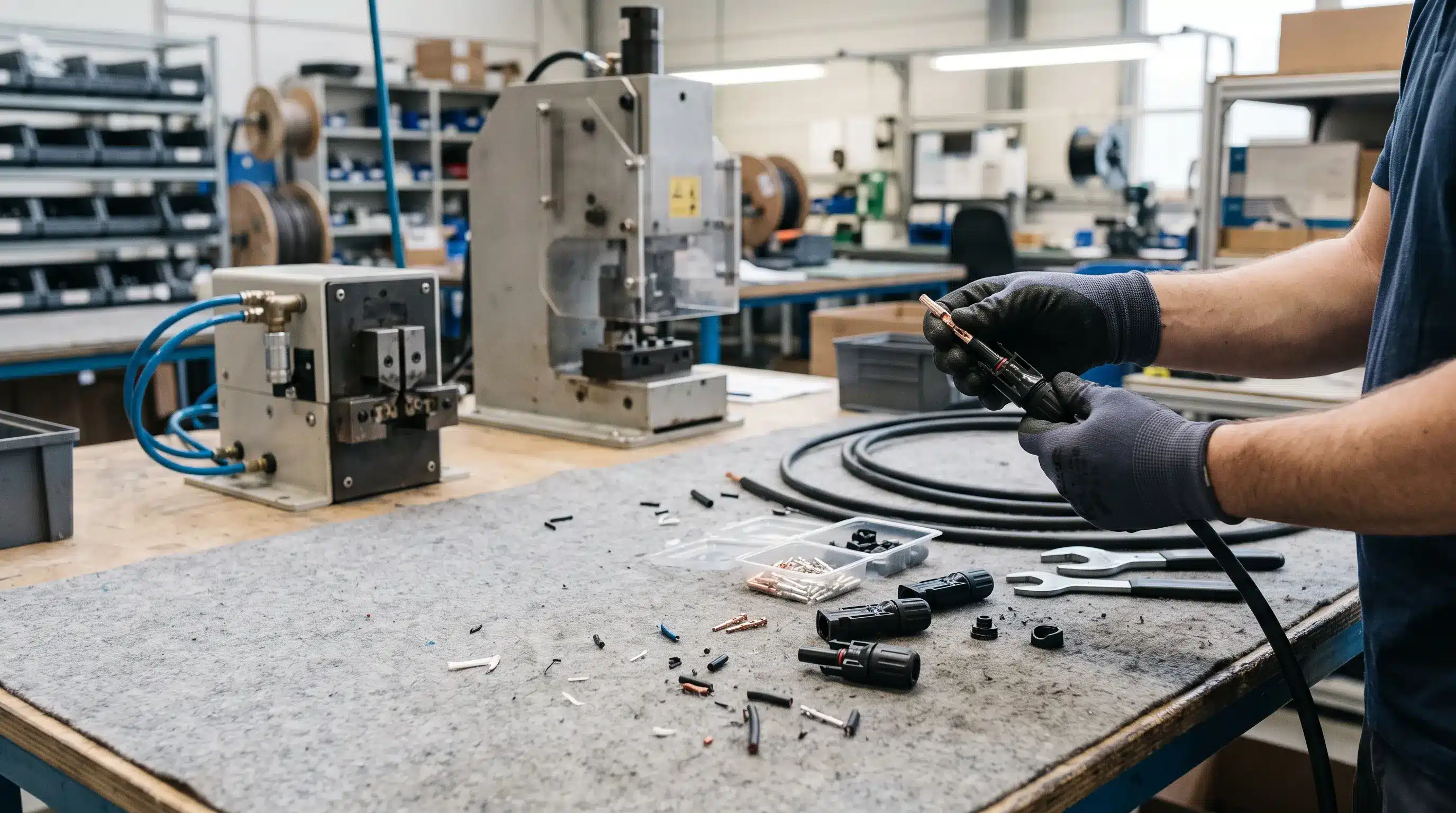 Un technicien en train d'assembler un connecteur de câble solaire étanche sur un établi d'usine