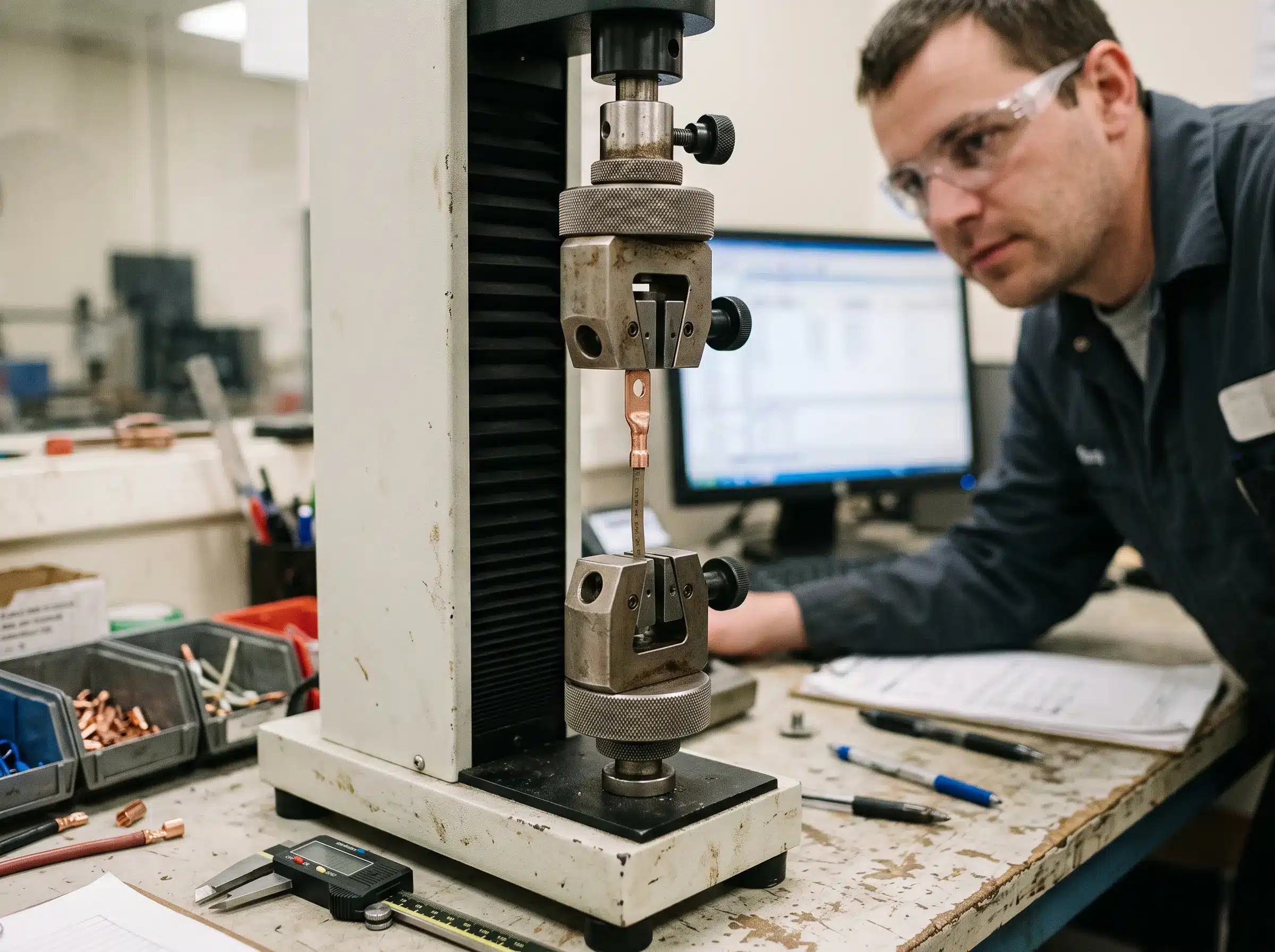 Cosse de câble sertie, fixée dans une machine d'essai de traction en vue d'un essai d'arrachement