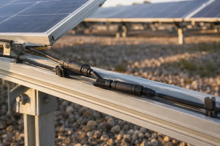Connecteur en Y MC4 installé au niveau du générateur photovoltaïque, à l'endroit où deux chaînes sont montées en parallèle