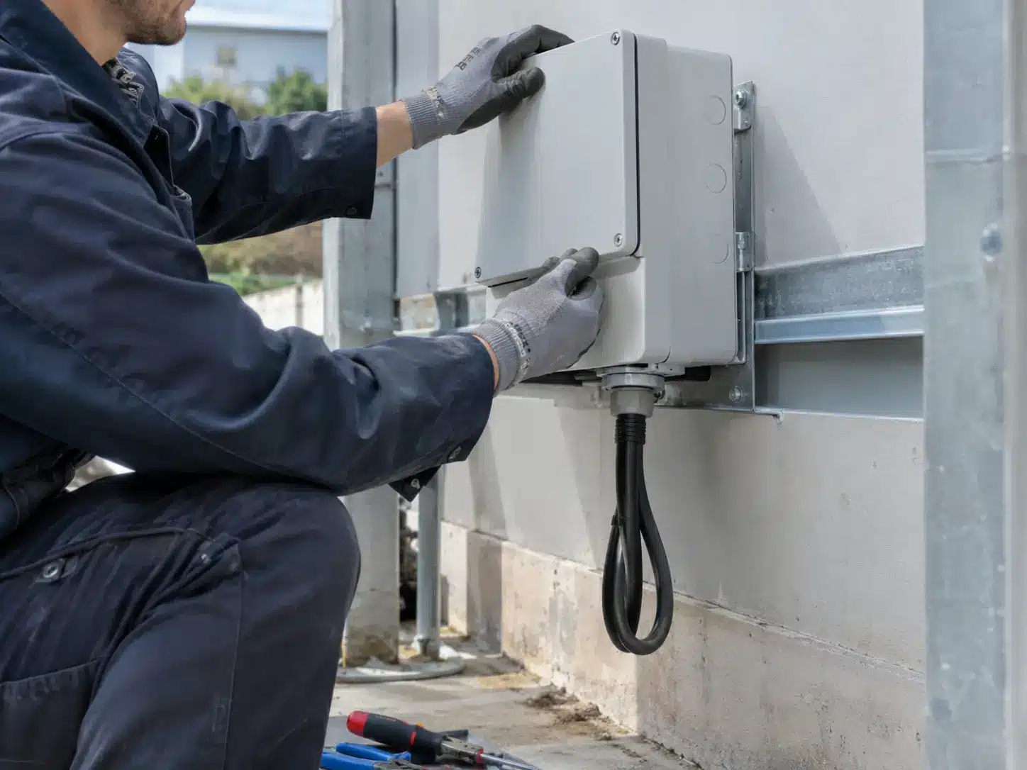 Orientation correcte de l'entrée de câble et boucle d'égouttage sur un boîtier de raccordement extérieur après étanchéification