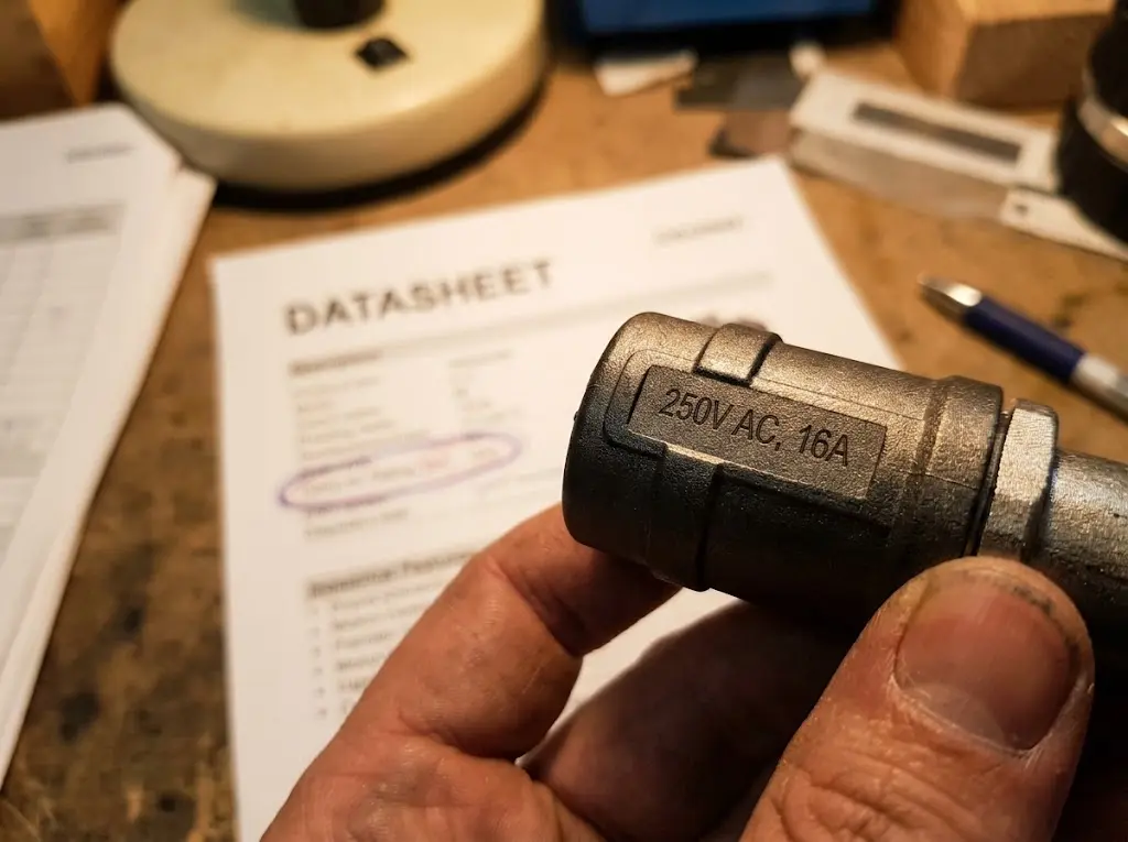 Tension nominale moulée sur le corps d'un connecteur étanche, cette même valeur étant entourée sur la fiche technique